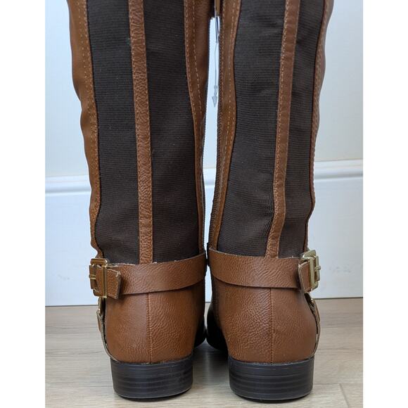 NEW Bar III Dolly Riding Boots 9.5 Brown Knee High Faux Leather Buckle Classic - Picture 3 of 12